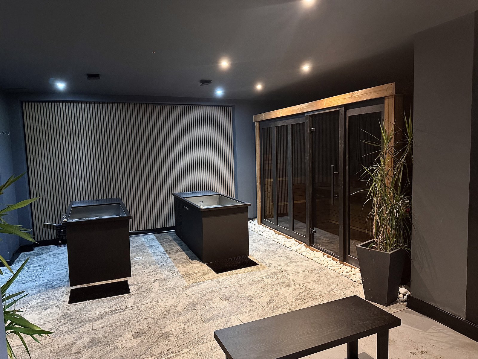 The recovery room at RE:UP Altrincham: two cold plunge ice baths on a stone floor beside the Finnish sauna cabin with black-framed glass doors