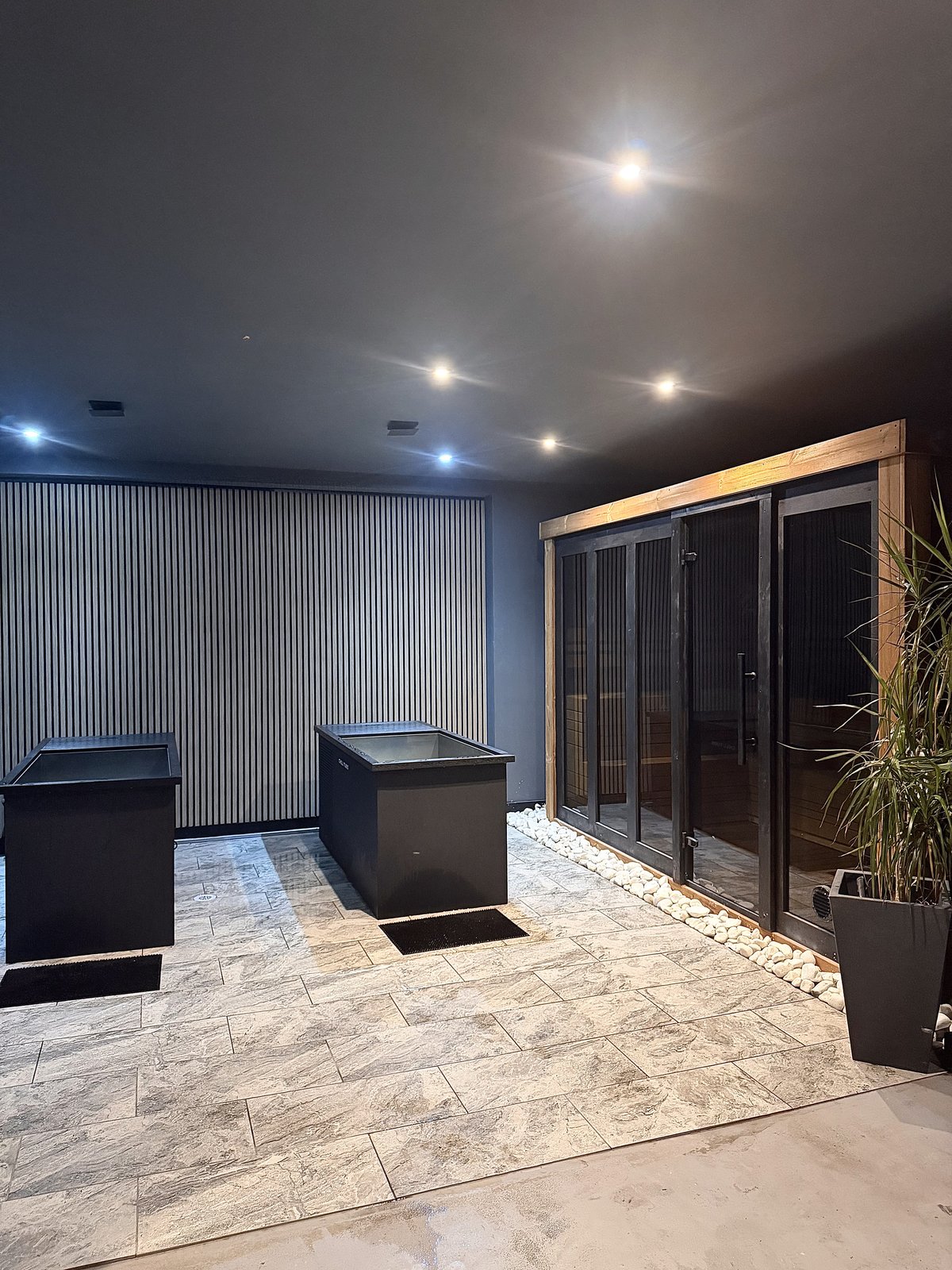 The recovery room at RE:UP Altrincham: the Finnish sauna cabin with black-framed glass doors, and two cold plunge ice baths beside it on a stone floor